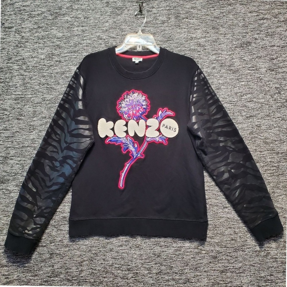 VTG Kenzo Paris Flower Embroidery Tiger Stripe Sleeve Sweatshirt XL Black